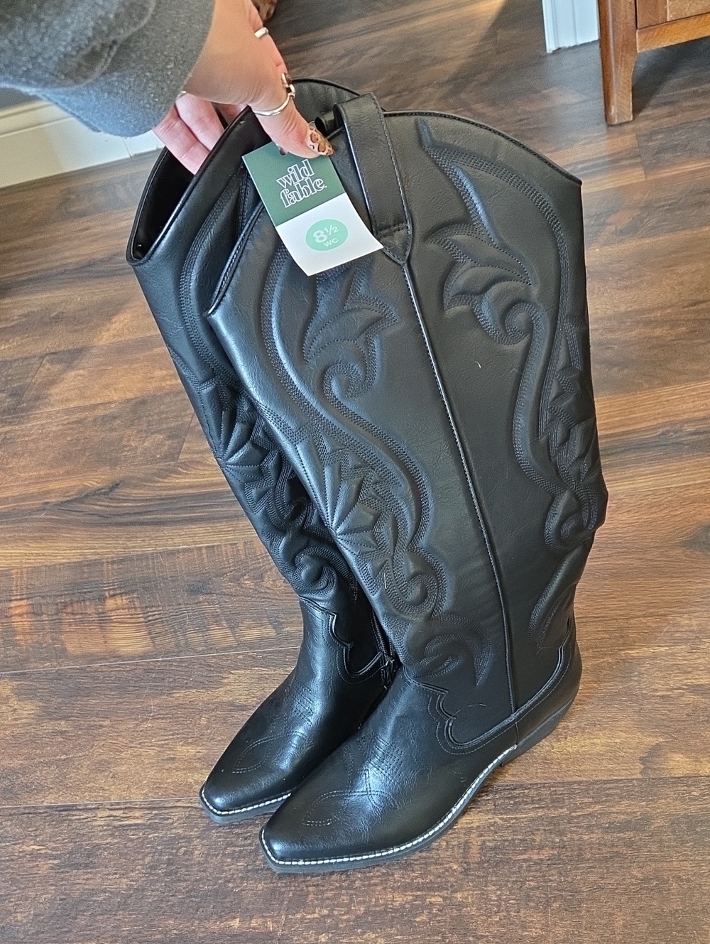 Wild Fable Wide Calf Black Over-the-Knee Western Boots with Embroidered Detail